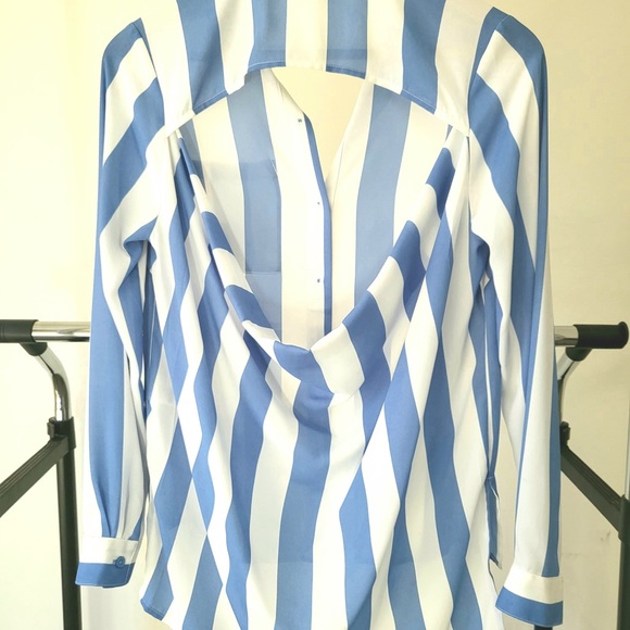 Blue White Striped Open Back Blouse Oversized Small - Picture 2 of 3